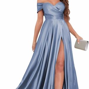 Amazon Off-Shoulder Satin Maxi Dress in Blue